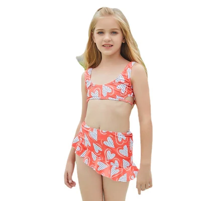 Girls Latest Style Bathing Suits Heart Print Side Hollow out U Neck Beach Clothing Swimwear Ruffle Skirt 2 Pieces Swimming Wear